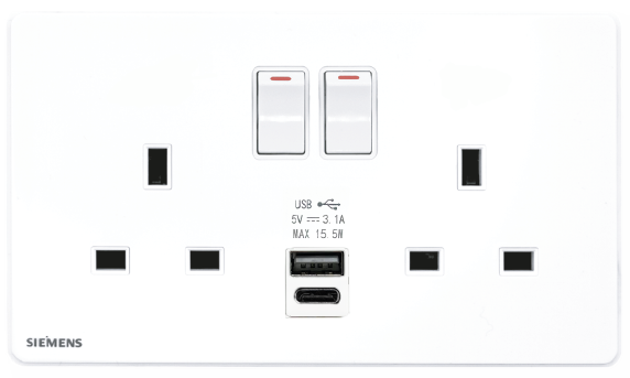 DELTA®arina - 13A Twin Gang SP Switched Socket with USB + Type C