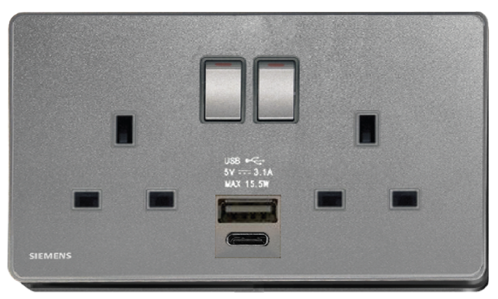 DELTA®arina - 13A Twin Gang SP Switched Socket with USB + Type C